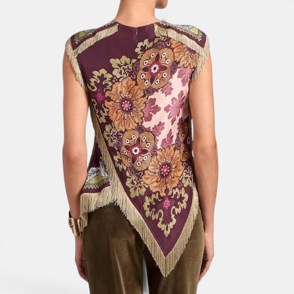 DELWYN™ – Vintage Print Tassel Sleeveless Blouse