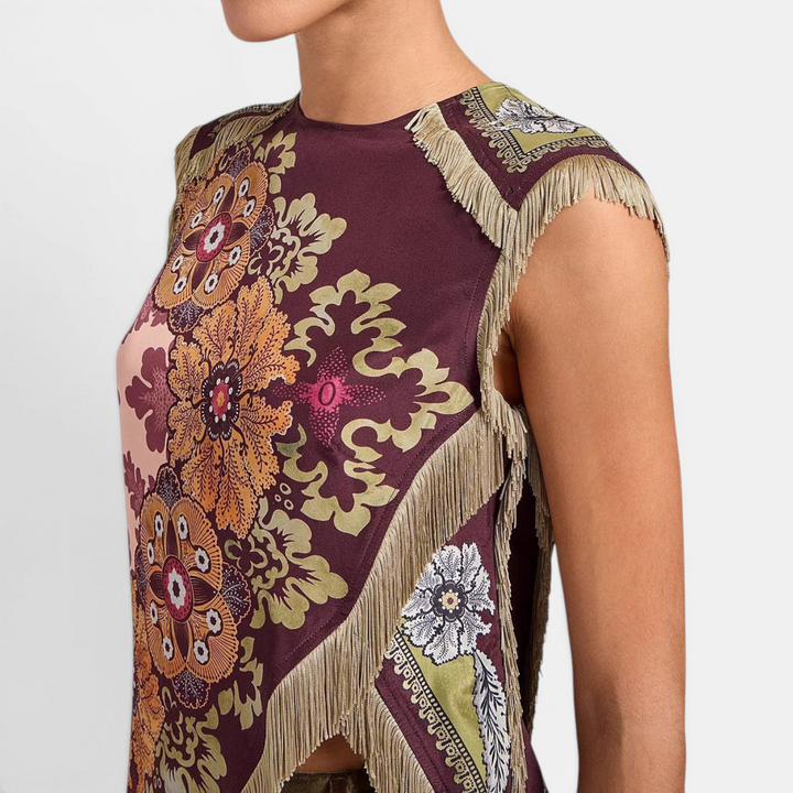 DELWYN™ – Vintage Print Tassel Sleeveless Blouse