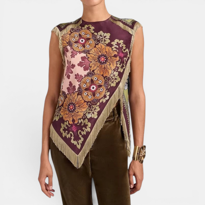 DELWYN™ – Vintage Print Tassel Sleeveless Blouse