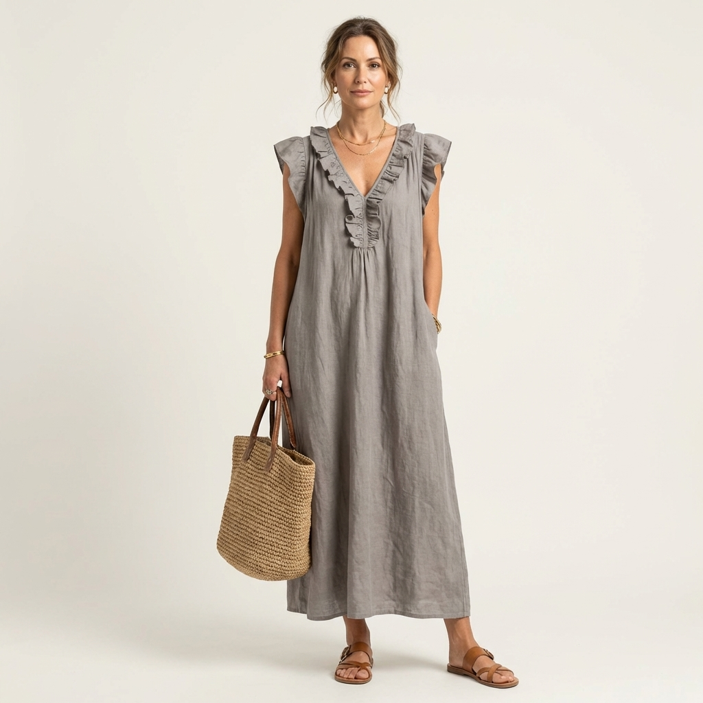 Josette | Sukienka Maxi z Rękawem Ruffles i Dekoltem w Serek