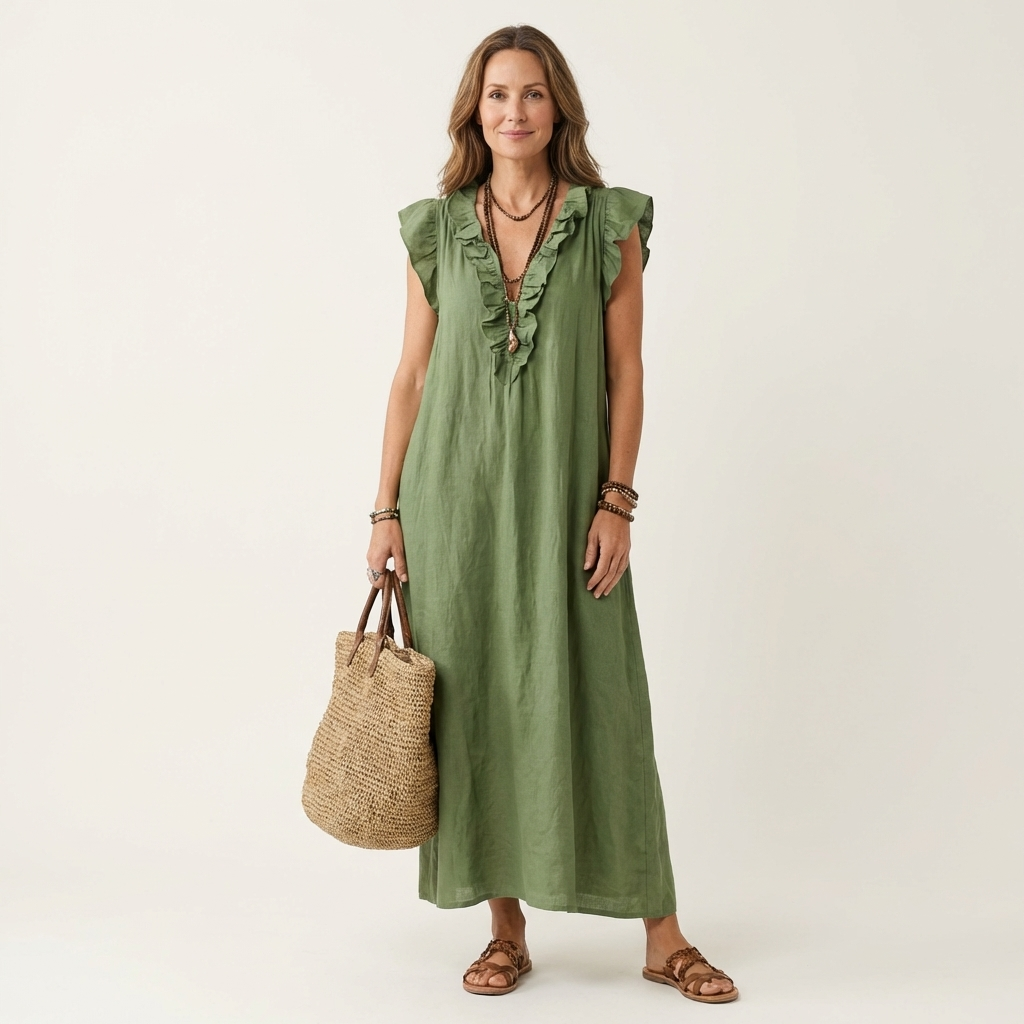 Josette | Sukienka Maxi z Rękawem Ruffles i Dekoltem w Serek