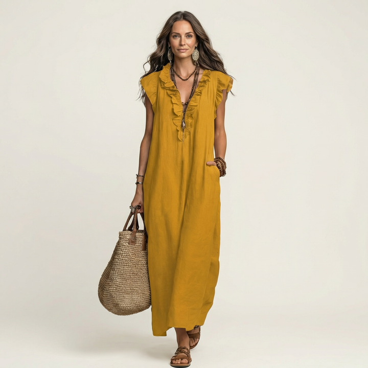 Josette | Sukienka Maxi z Rękawem Ruffles i Dekoltem w Serek
